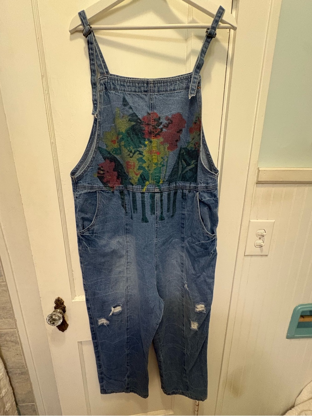 Custom overalls, Denim painted distressed cropped